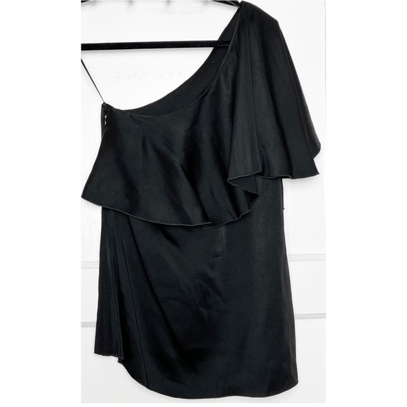 LANVIN Washed Satin Ruffled Asymmetrical One Shoulder Flutter Short Sleeve Top 2 - Picture 3 of 8